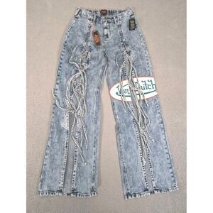 Von Dutch Tie Front Wide Leg Jeans Womens 7 Light Wash Denim Patch Logo Y2K New